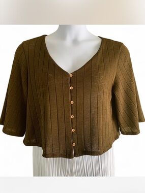 Preppy Cabincore Cottage H&M Brown Ribbed V-Neck Crop Top  M